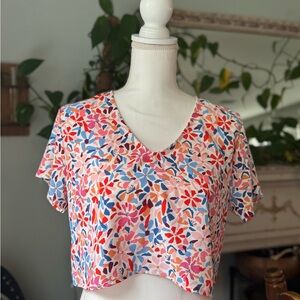 Meet Me In Santorini Floral Print Crop Top‎ Short Sleeve V Neck Colorful Blouse